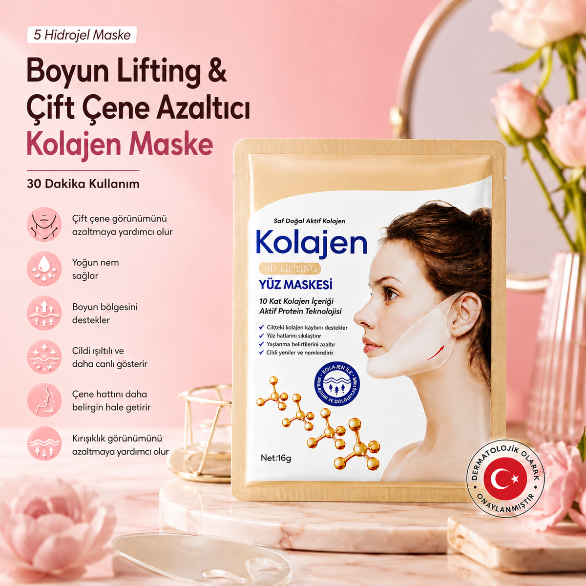 Orélia™ – Çene Hattı ve Boyun İçin Lifting Kolajen Maskesi